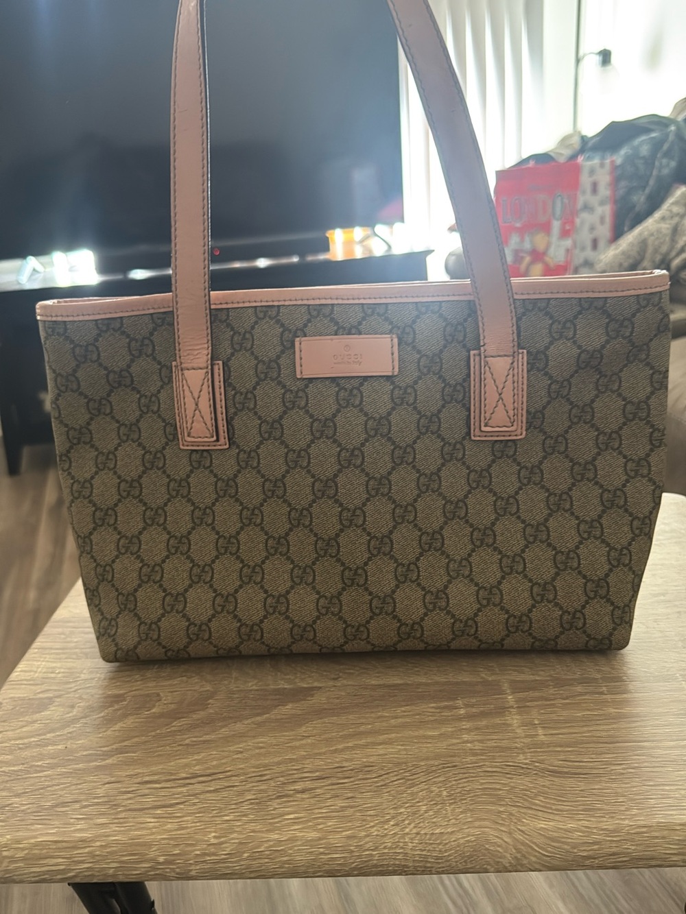 Gucci Brown GG Canvas Tote with Pink Trim